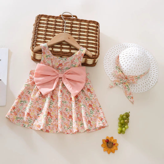 Summer 2-Piece Baby Dress+Sun Hat Bow Strap Floral Baby Girl Dress Soft and Comfortable Children'S Clothing